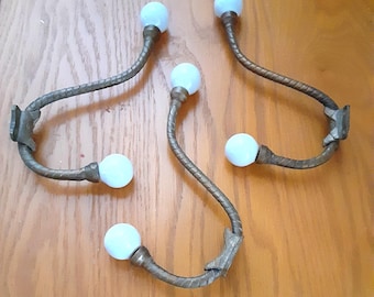 Set of 3 Victorian Style Solid Brass Hooks with White Ceramic Ball Tips