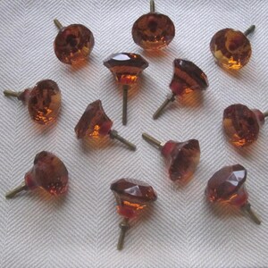12 Knobs, Cut Glass, Amber 2" Dia x 1. 1/2" H with brass screw Diamond shape