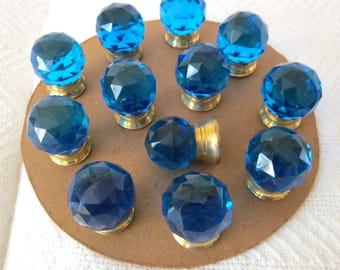 Blue Crystal Glass Knob 1.25” Diameter, Ball with Brass Base-12 Pcs