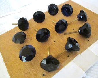 12 (Twelve) Knobs, Cut Glass Diamond shape 2" diameter Dark blue with attached screw. (Lot)