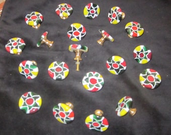 Set of 20 Designed Glass knobs, Round, Multi-color flower 1.25" Dia with brass base