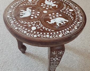 Rosewood Inlaid Accent Table: Round Elephant Design 12" Dia