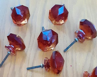 6 Amber Cut Glass Knobs: Victorian Cabinet Drawer Pulls