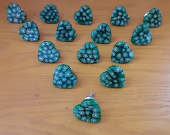 15 Designed glass Knobs, 1.1/2" Heart, Green with White flower Chrome base