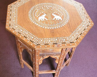 Rosewood Inlaid Accent Table: Octagonal Elephant Design