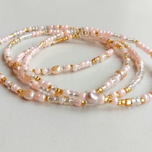 Peachy pink waist beads with fresh water pearls, belly chains