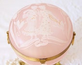Hard to Find Antique Pink Glass Jewelry Powder Box, Boudoir Decor, Hand Painted Enamel Figurine Decor, France