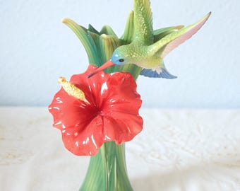 ヴィンテージ エネスコ 陶器製花瓶 ハチドリとアサガオの花 6.25インチ 