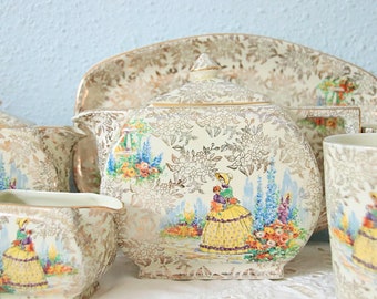 Lovely Vintage Empire Ivory Ware Chintz Tea Set for Four, Crinoline Lady Decor, England