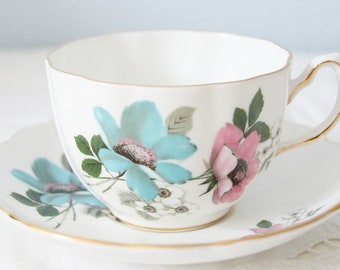 Vintage Royal Grafton Bone China Cup and Saucer, Blue and Pink Flower Decor, England