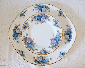 vintage Royal Albert Bone China 'Moonlight Rose' Cake Set pour quatre, Blue Rose Decor, Angleterre