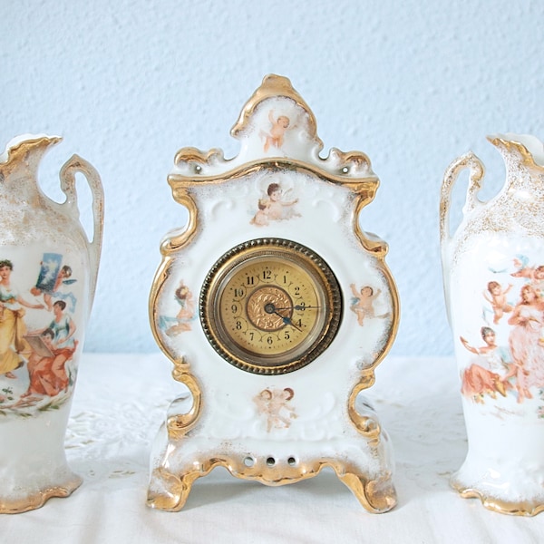 Rare Antique Porcelain Mantle Clock and Garniture Set, Shelf Clock with Two Vases, Women and Cherub Decor, Victoria Austria