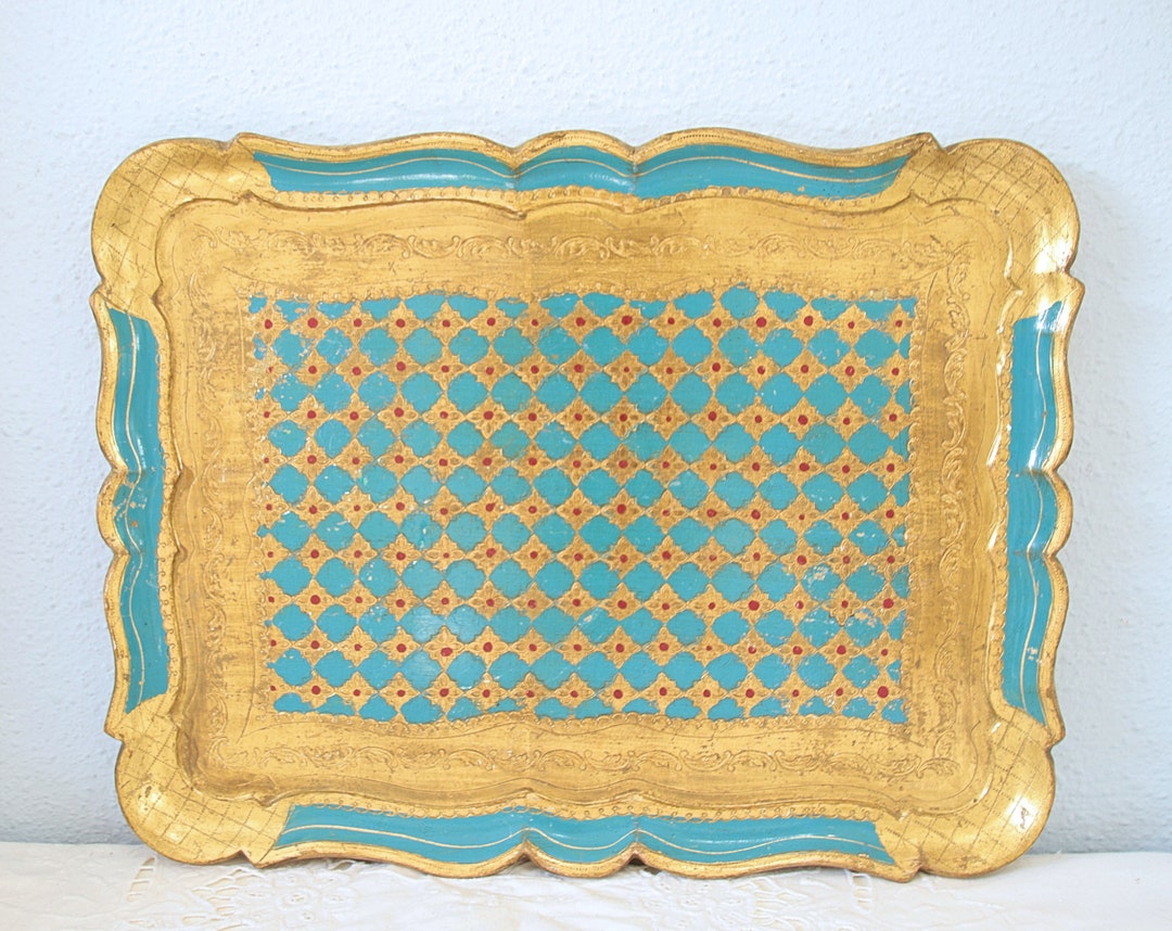 Lovely Vintage Florentine Wooden Serving Tray in Gold and Aqua Blue ...