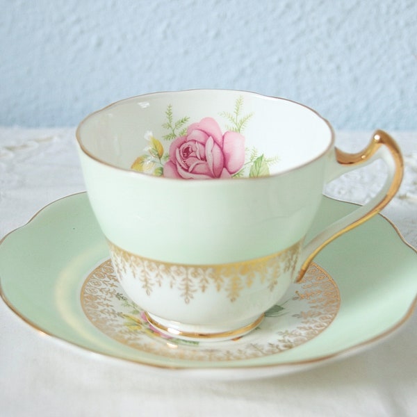 Lovely Vintage Trentham Staffordshire Soft Green Cup and Saucer, Pink Rose Decor, England