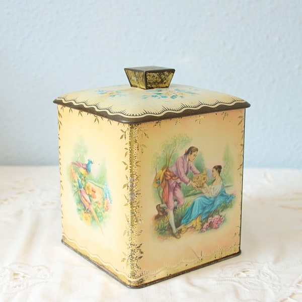 Lovely Vintage Storage Tin, Biscuit Tin with Courting Couple, Flower and Bird of Paradise Decor