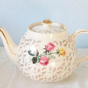 Lovely Sadler Gold Leaf Chintz Teapot, Pink and Yellow Rose Decor, England