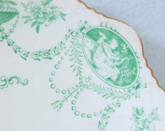 Hard to Find Antique Scalloped Cake/Sandwich Plate Ø 9", Cameo Panels with Figurines,Urns, Beaded Swags and Bows, England