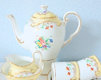 Schwer zu findendes toskanisches Vintage-Tete-a-Tete-Espresso-Set, gelbe Ränder und Blumendekor, nicht übereinstimmende Untertassen, England