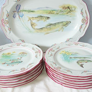 Set of 12 Vintage Plates 8.5 " and Large Oval Serving Plate by Limoges, Different Fish Prints, Flower and Bow Decor, France