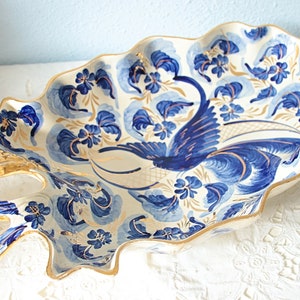 Hard to Find Large Vintage Dish by Hubert Bequet, Quaregnon, Hand Painted Bird and Flower Decor, Center Piece