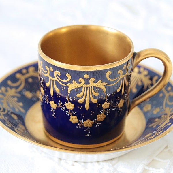 Hard to Find Vintage Limoges Espresso Cup and Saucer, Hand Painted Decor in Real Gold Gilding, France