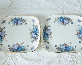 Pair of Vintage Royal Albert Bone China &#39;Moonlight Rose&#39; Square Plates, Biscuit Plates, Blue Rose Decor, England