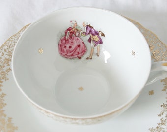 Large Vintage Breakfast Cup and Saucer, Tea-or Café au Lait Cup and Saucer, Fragonard Decor, Veritable Porcelaine, France