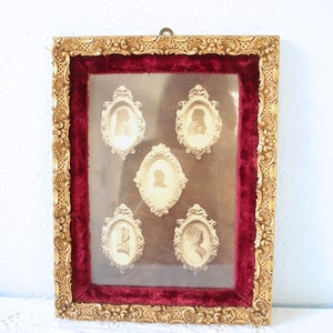 Antique Silhouette Portrait Prints of Men and Women in Gilded Wooden Frame with Flowers and Scrolls