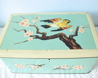Schöne Vintage große blaue Lonka-Dose mit strukturiertem Vogel- und Blütendekor, Aufbewahrungsdose
