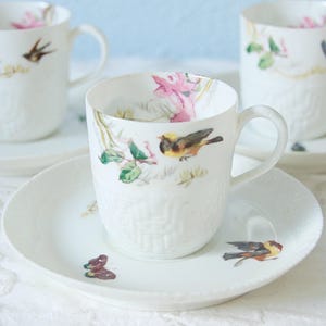 Elegant Antique Limoges Espresso Cup and Saucer, Hand Painted Birds and Butterflies, Haviland France