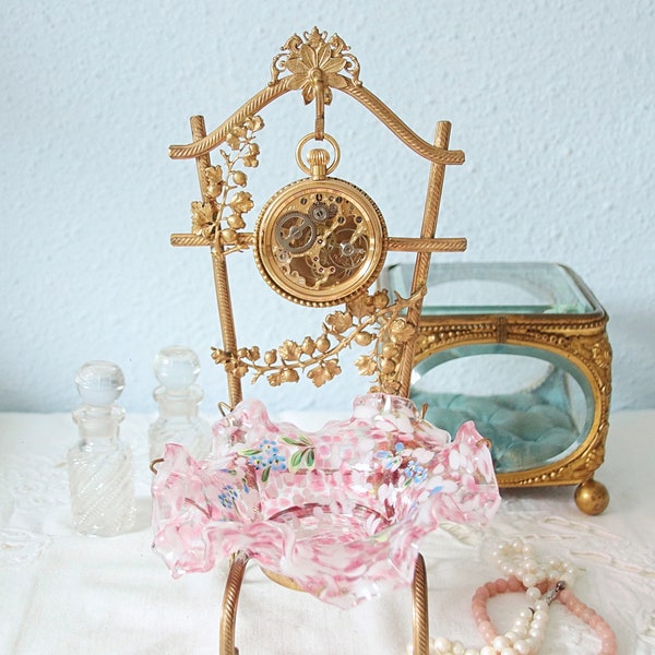 Gorgeous Antique French Jewelry Holder Stand with Opaline Dish and Pocket Watch Holder, Ormolu Ornate Frame, Chair Shaped Jewel Stand