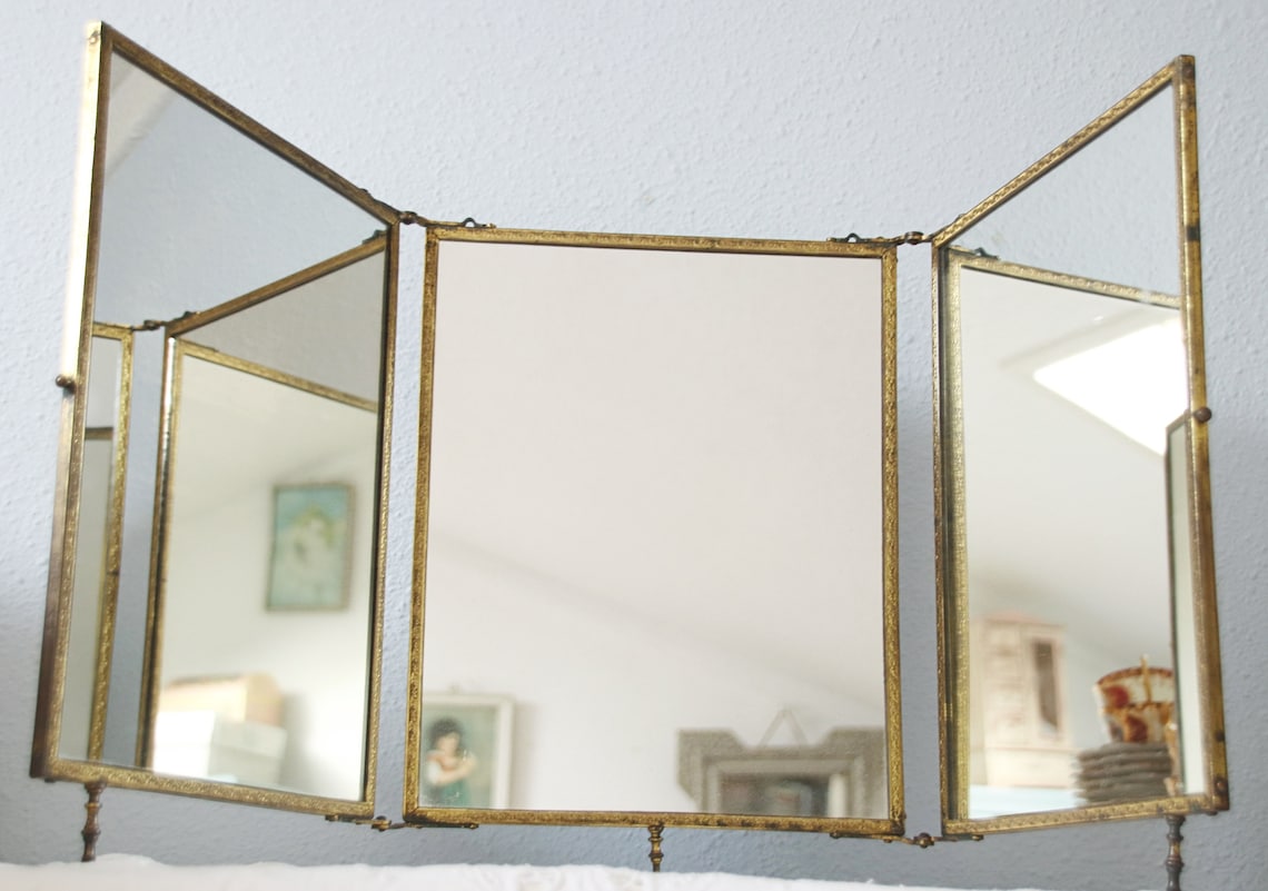 Rare Antique Trifold Vanity Mirror with Brass Frame Raised Etsy