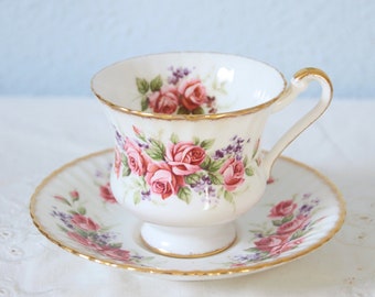 Lovely Vintage Paragon Fine Bone China Large Size Cup and Saucer, Pink Rose and Purple Violet Decor, England