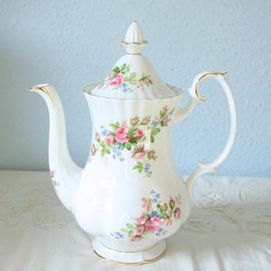 Vintage Royal Albert Bone China 'Moss Rose' Medium Size Coffee Pot, Pink Rose Decor, England