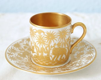Hard to Find Antique Espresso Cup and Saucer by Rosenthal, Real Gold Raised Jungle Print, Germany
