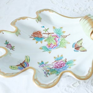 Hard to Find Vintage Herend Shell Shaped Dish, Queen Victoria Pattern, Hand Painted Flowers and Butterflies, Pastry Dish