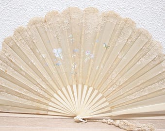 Abanico de mano grande de encaje antiguo, con decoración de flores y pájaros pintados a mano, mango de celuloide, Francia