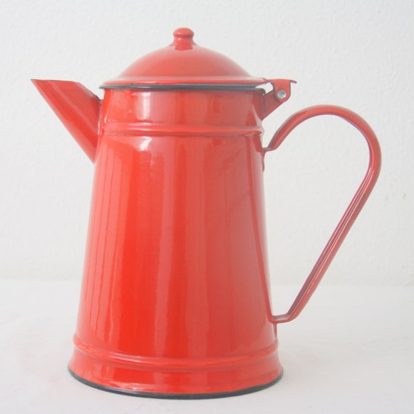 Vintage Red Enamel Coffee Pot with Hinged Lid