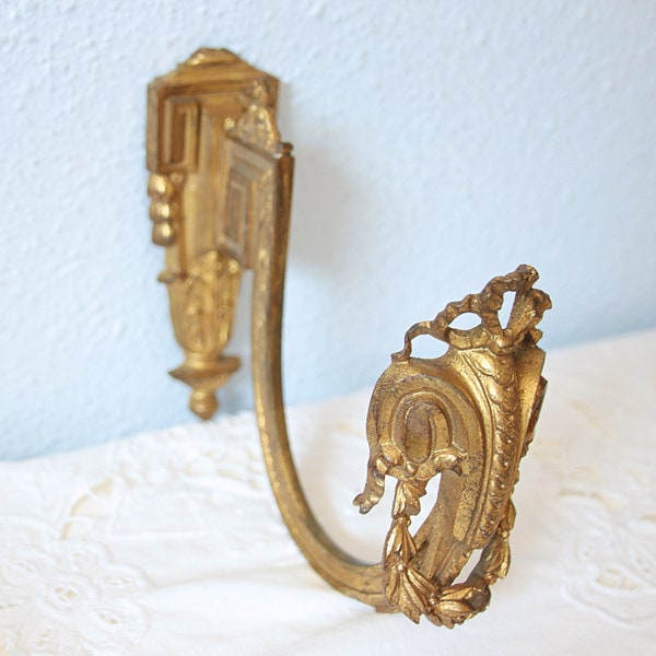 Elegant Antique Ormolu Curtain Holder with Bow and Garland Decor, French Embrasse