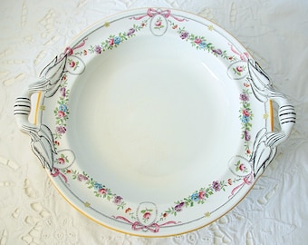 Very Rare Antique Minton &#39;Ivanhoe&#39; Footed Cake/Fruit Dish, Hand Painted Flower Garlands and Bows, ca 1873-1891 England
