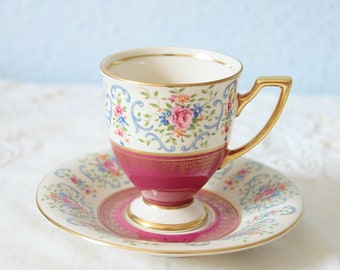 Rare Vintage Waldershof Demitasse Size Cup and Saucer, Hand Decorated Flower Decor, 22 Kt Gold, Germany