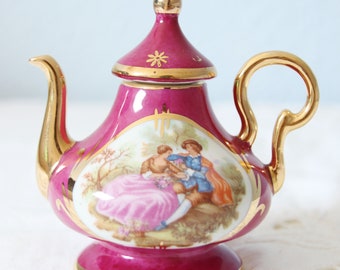 Beautiful Vintage Limoges Porcelain Miniature Teapot with Fragonard Decor, France