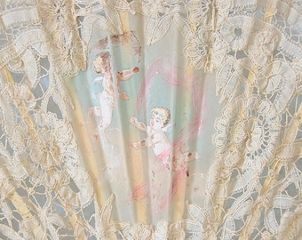 Lovely Antique Hand Made Lace Hand Fan, Hand Painted Cherub Decor, France