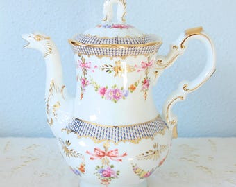 HOLD FOR I Lovely Antique French Coffee Pot, Hand Painted Pink 