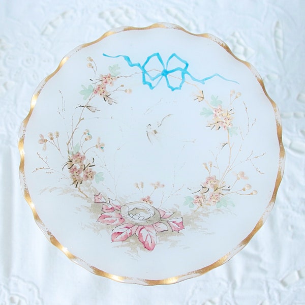 Beautiful Antique Opaline Pedestal Chocolate Dish with Hand Painted Enameled Flowers, Bow and Birds Nest, France