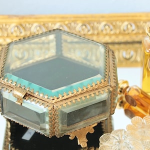 Beautiful Antique French Jewel Casket, Beveled Glass Panels and Lid, Ormolu Frame, Glass Jewelry Box