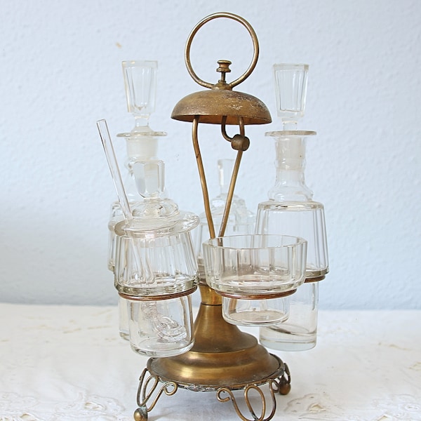 Rare Antique French Cruet Set with Table Bell, Brass Stand, Glass Bottles and Cellars