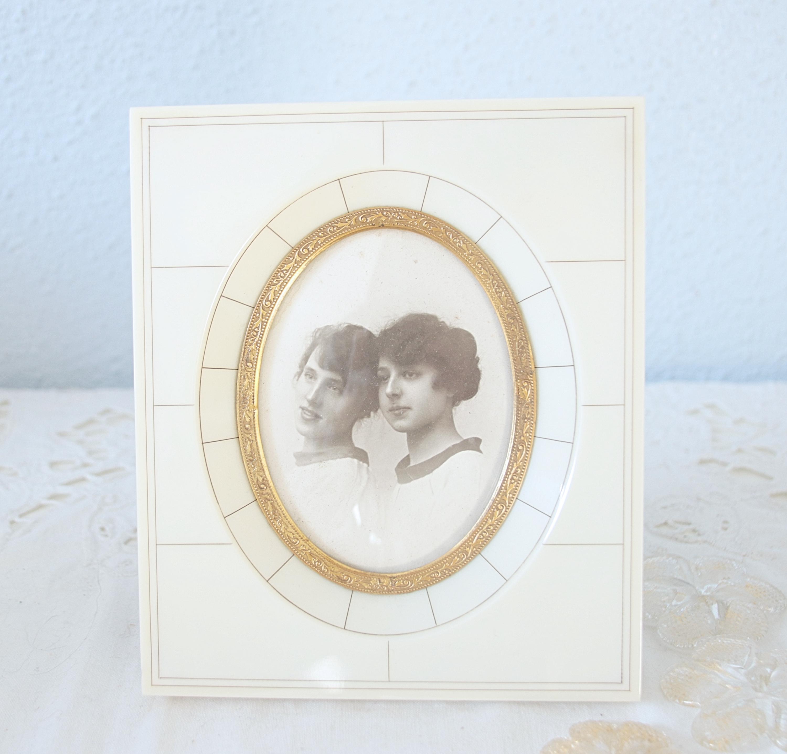 Lovely Antique Hand Made Bone Photo Frame with Gold Metal Inside Rim, Standing Photo Frame