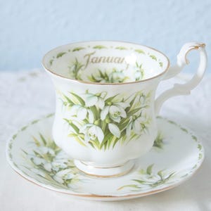 Vintage Royal Albert Bone China &#39;Flower of the Month&#39; Series January &#39;Snowdrops&#39; Coffee Cup and Saucer, England