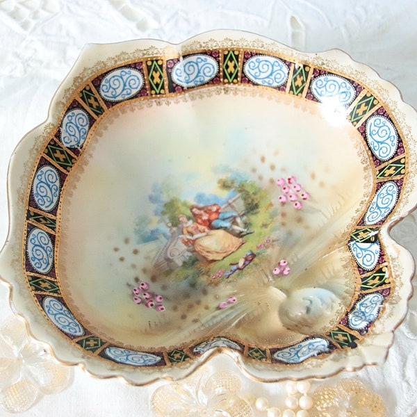 Lovely Antique Peach Blush Biscuit/Chocolate Dish with Romantic Decor, Rich Gilded Details, Schlegelmilch